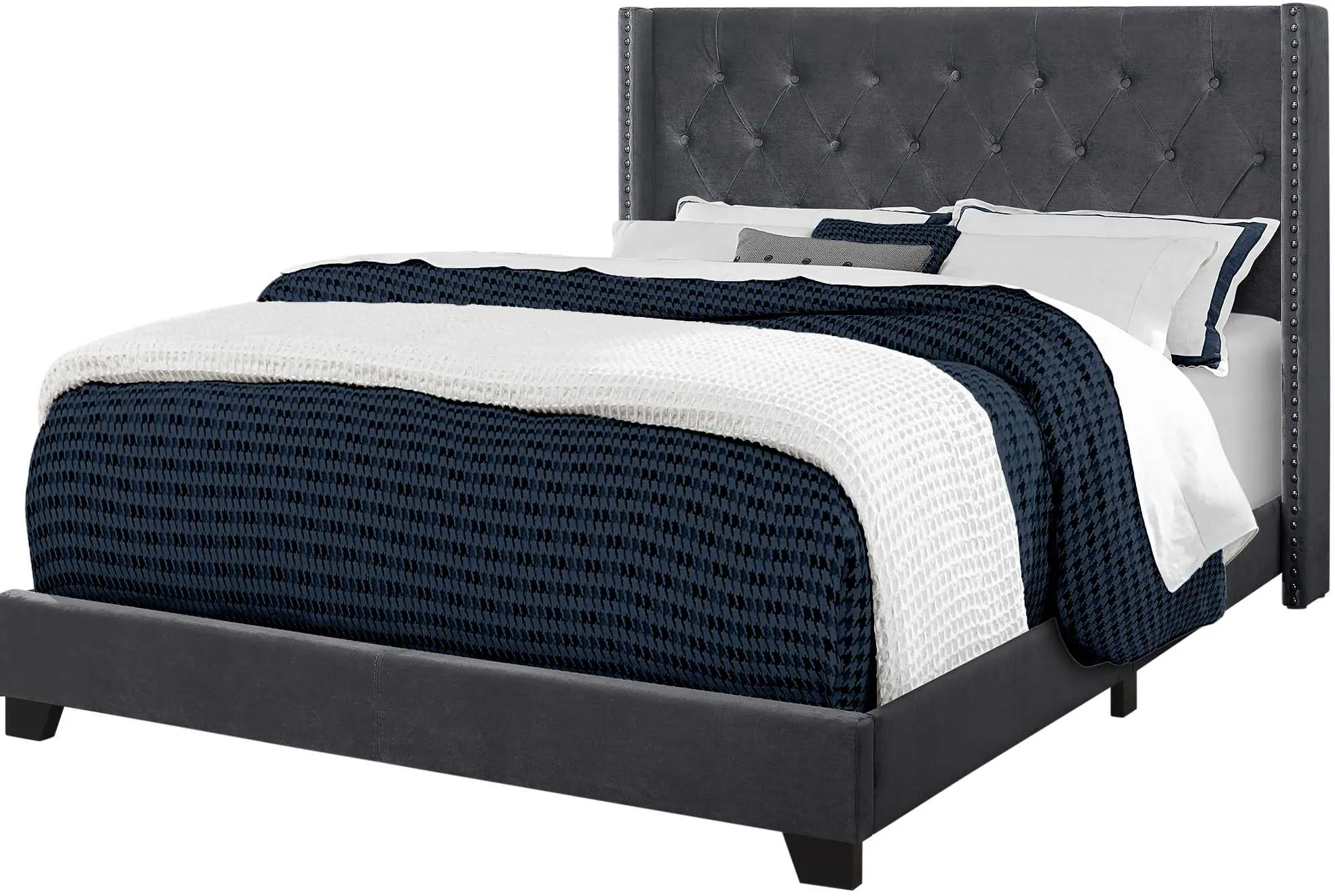 Bed, Queen Size, Platform, Bedroom, Frame, Upholstered, Velvet, Wood Legs, Grey, Chrome, Transitional