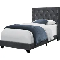 Bed, Twin Size, Platform, Teen, Frame, Upholstered, Velvet, Wood Legs, Grey, Chrome, Transitional