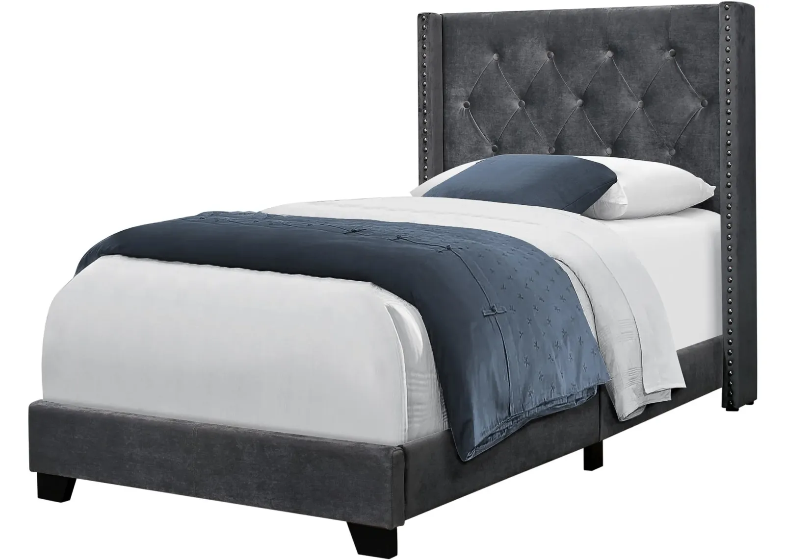 Bed, Twin Size, Platform, Teen, Frame, Upholstered, Velvet, Wood Legs, Grey, Chrome, Transitional