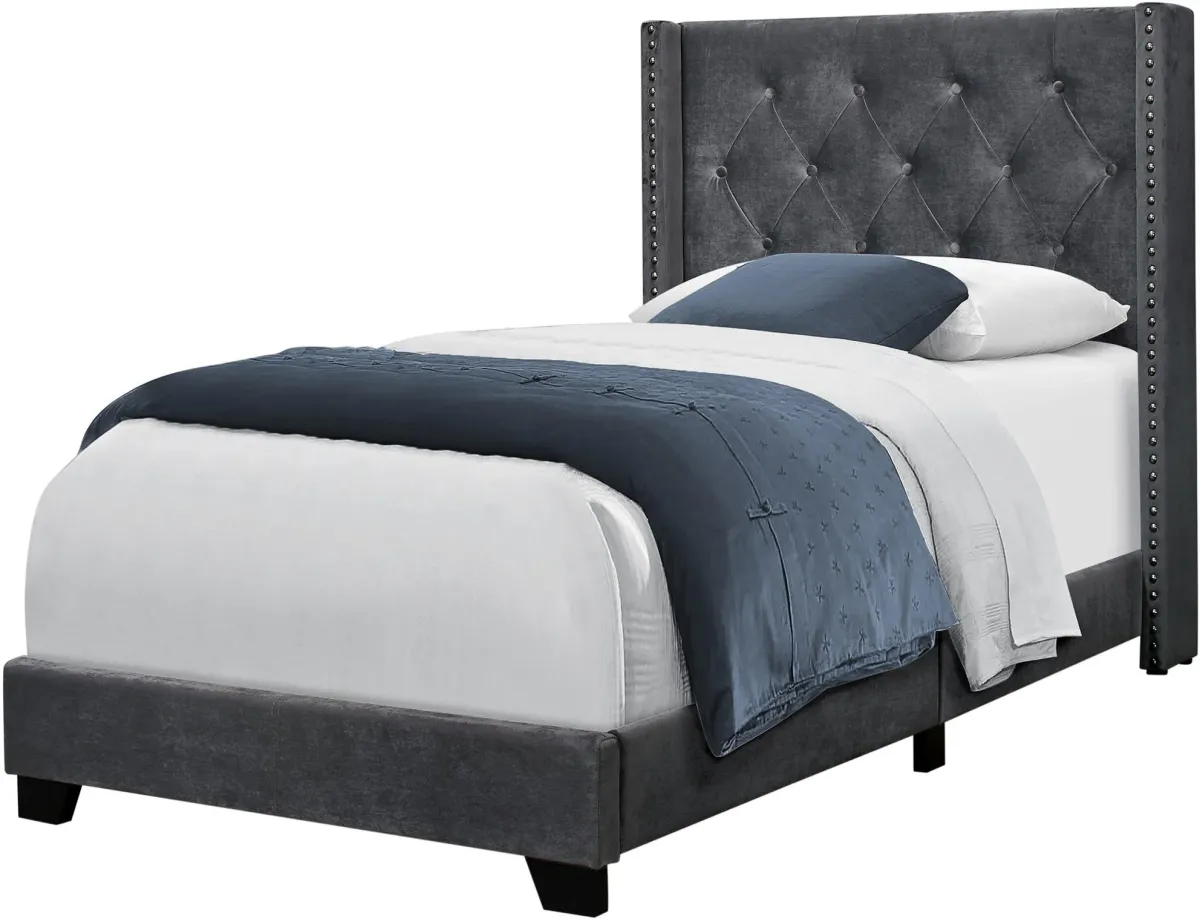 Bed, Twin Size, Platform, Teen, Frame, Upholstered, Velvet, Wood Legs, Grey, Chrome, Transitional