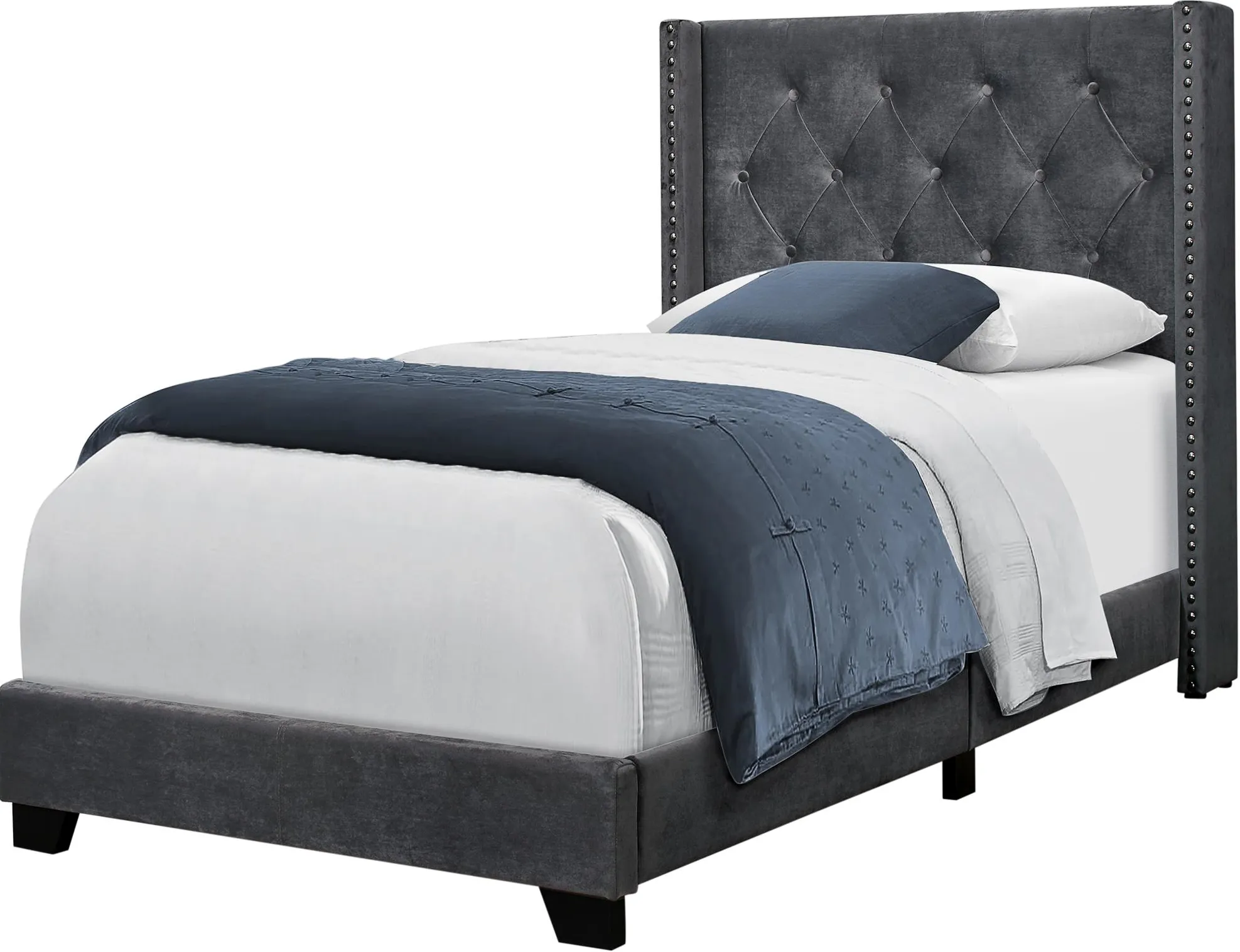 Bed, Twin Size, Platform, Teen, Frame, Upholstered, Velvet, Wood Legs, Grey, Chrome, Transitional