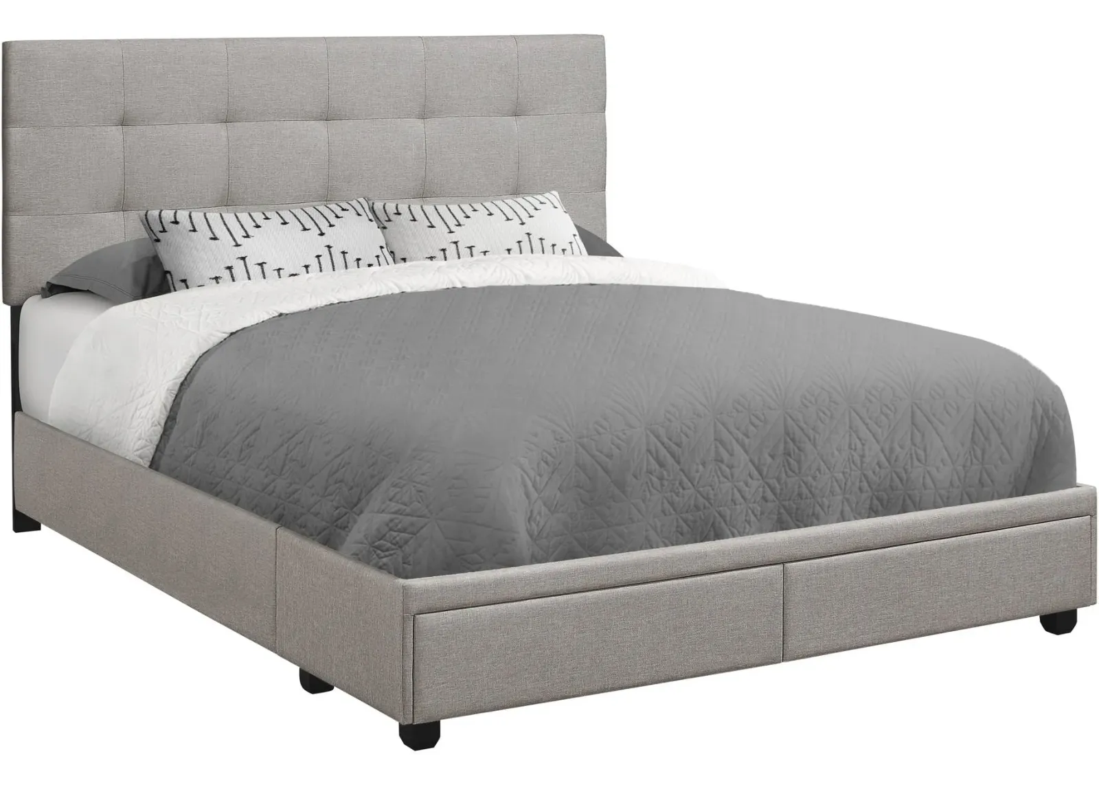 Bed, Queen Size, Platform, Bedroom, Frame, Upholstered, Linen Look, Wood Legs, Grey, Transitional