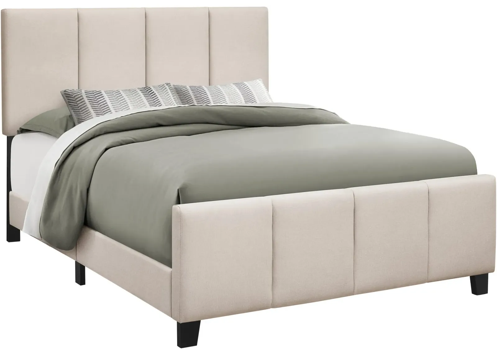 Bed, Queen Size, Platform, Bedroom, Frame, Upholstered, Linen Look, Wood Legs, Beige, Black, Transitional