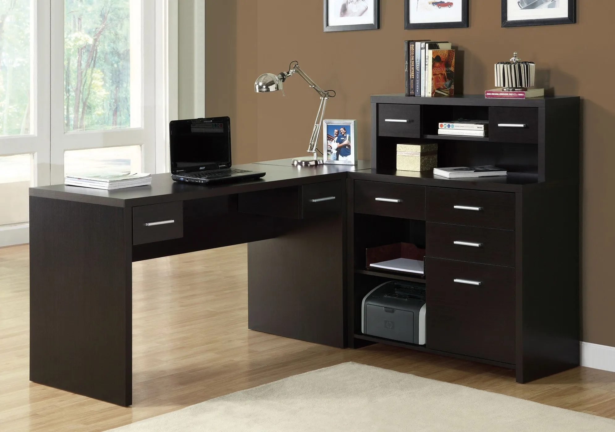 Computer Desk, Home Office, Corner, Left, Right Set-Up, Storage Drawers, L Shape, Work, Laptop, Laminate, Brown, Contemporary, Modern