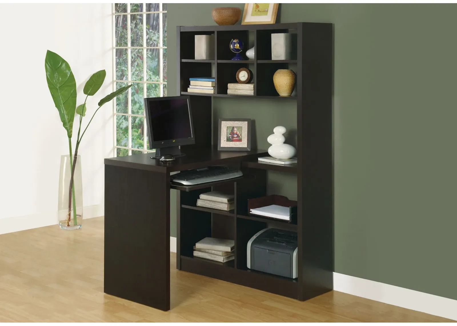 Computer Desk, Home Office, Bookcase, Corner, Storage Shelves, Left, Right Set-Up, L Shape, Work, Laptop, Laminate, Brown, Contemporary, Modern