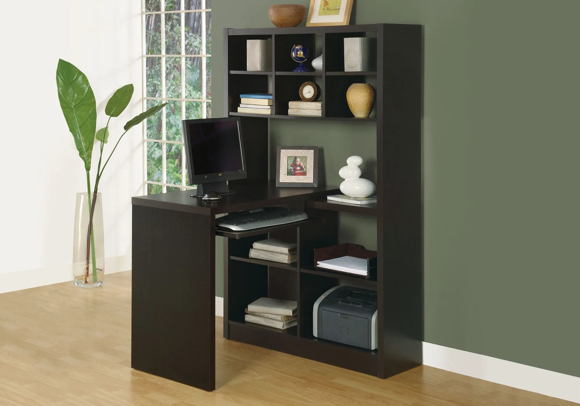 Computer Desk, Home Office, Bookcase, Corner, Storage Shelves, Left, Right Set-Up, L Shape, Work, Laptop, Laminate, Brown, Contemporary, Modern