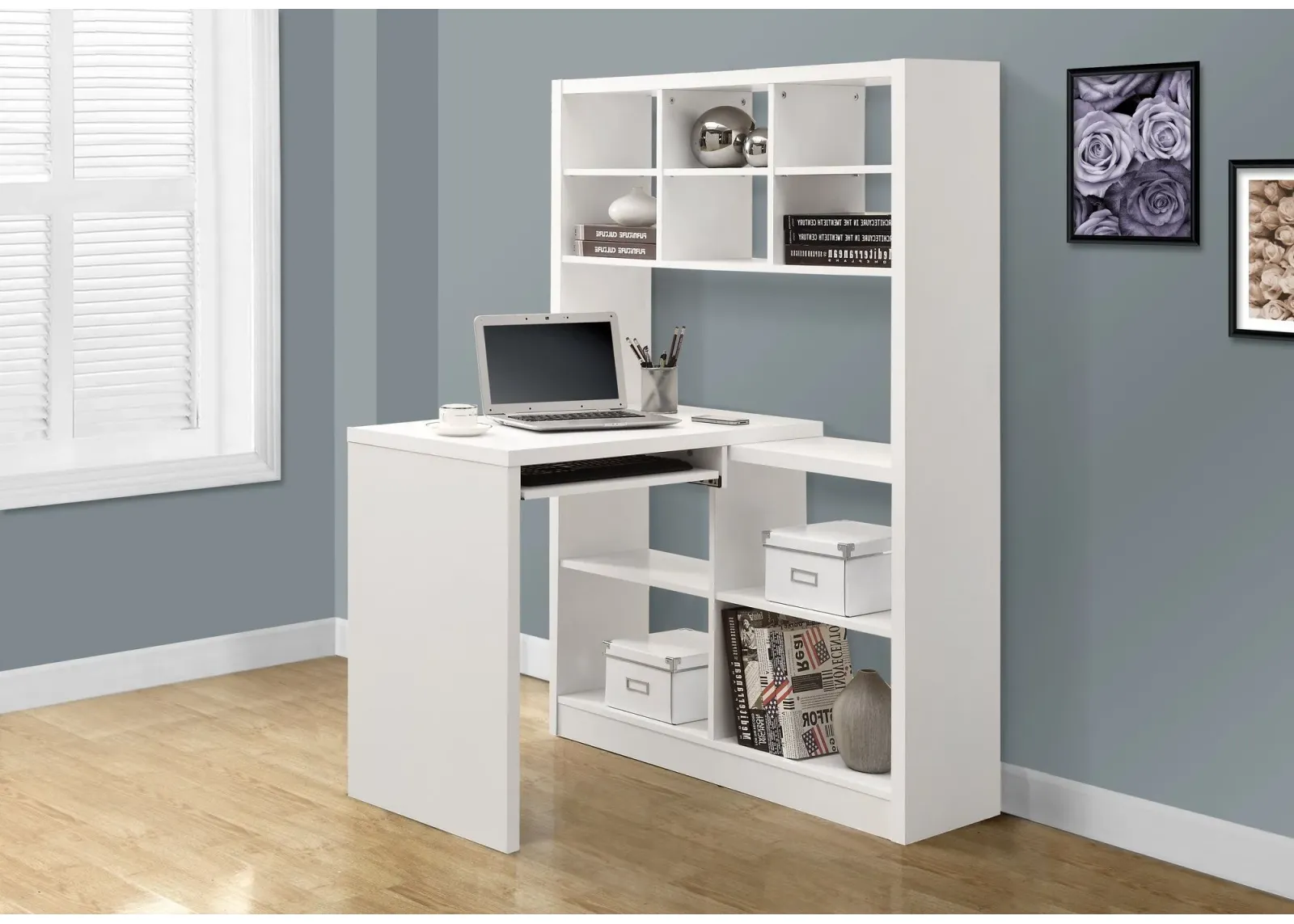 Computer Desk, Home Office, Bookcase, Corner, Storage Shelves, Left, Right Set-Up, L Shape, Work, Laptop, Laminate, White, Contemporary, Modern