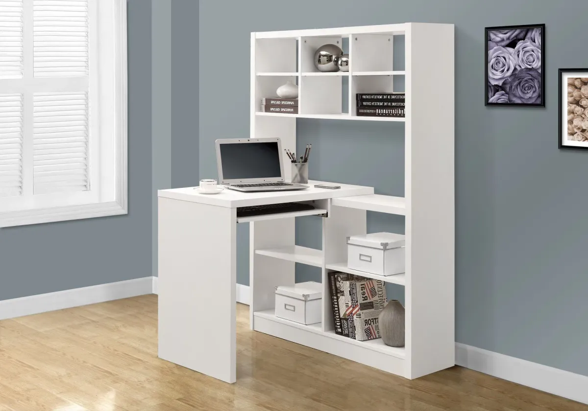 Computer Desk, Home Office, Bookcase, Corner, Storage Shelves, Left, Right Set-Up, L Shape, Work, Laptop, Laminate, White, Contemporary, Modern