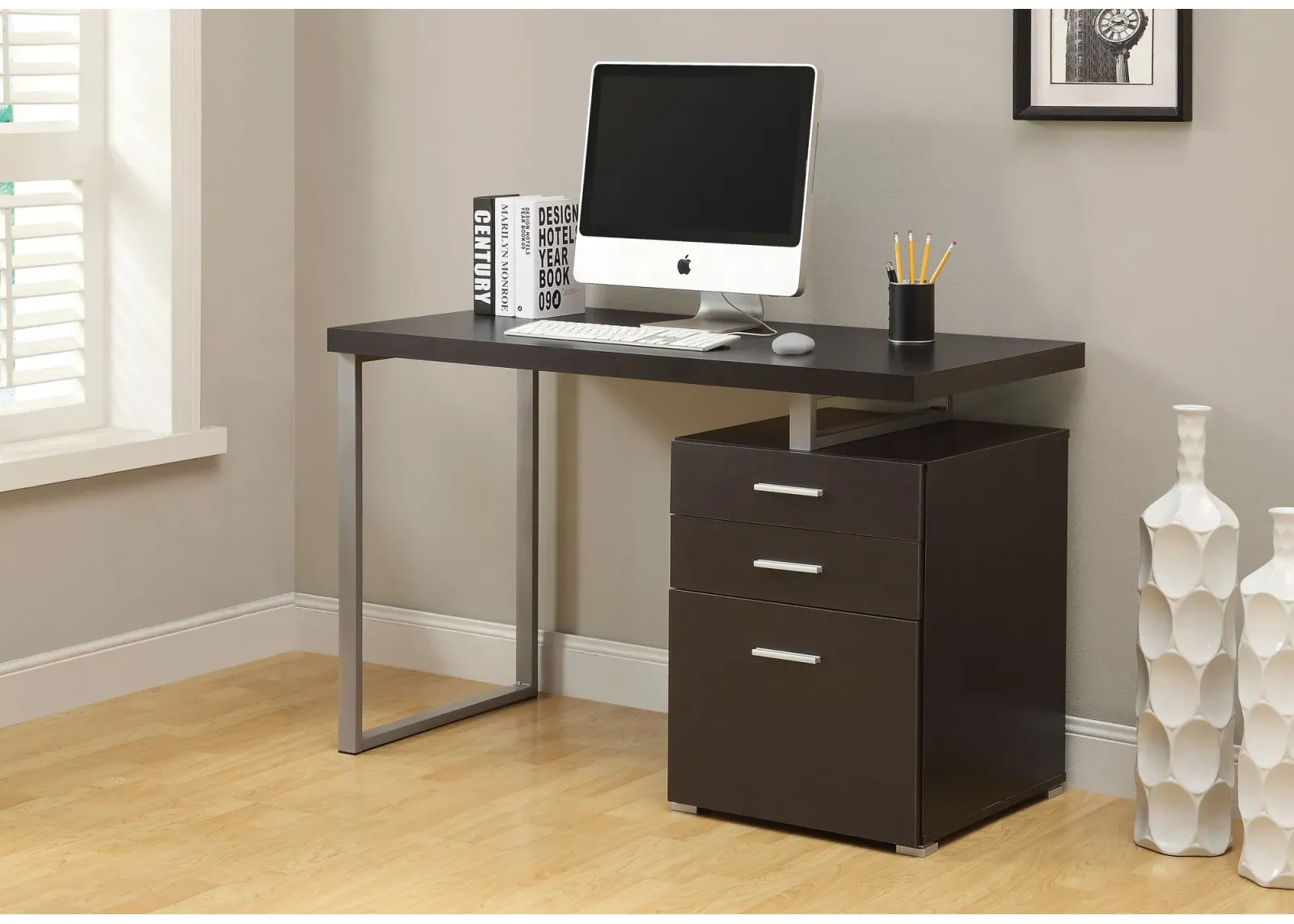 Computer Desk, Home Office, Laptop, Left, Right Set-Up, Storage Drawers, 48"L, Work, Metal, Laminate, Brown, Grey, Contemporary, Modern