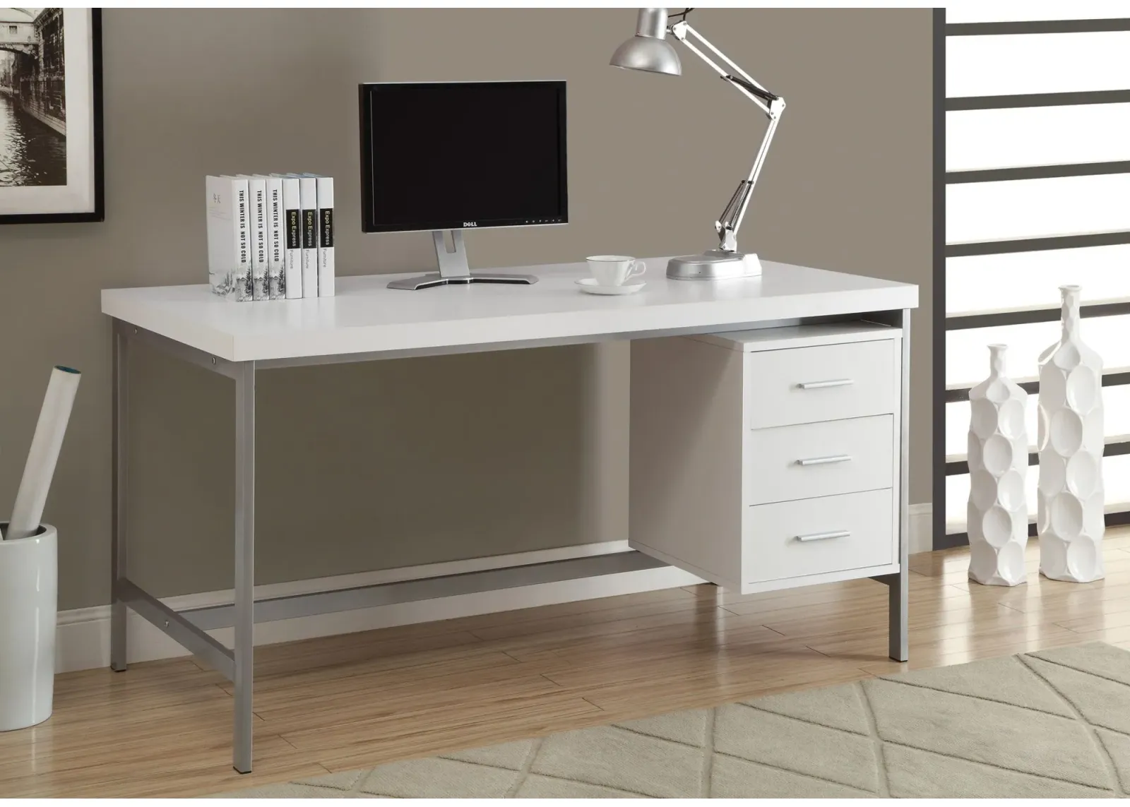 Computer Desk, Home Office, Laptop, Left, Right Set-Up, Storage Drawers, 60"L, Work, Metal, Laminate, White, Grey, Contemporary, Modern