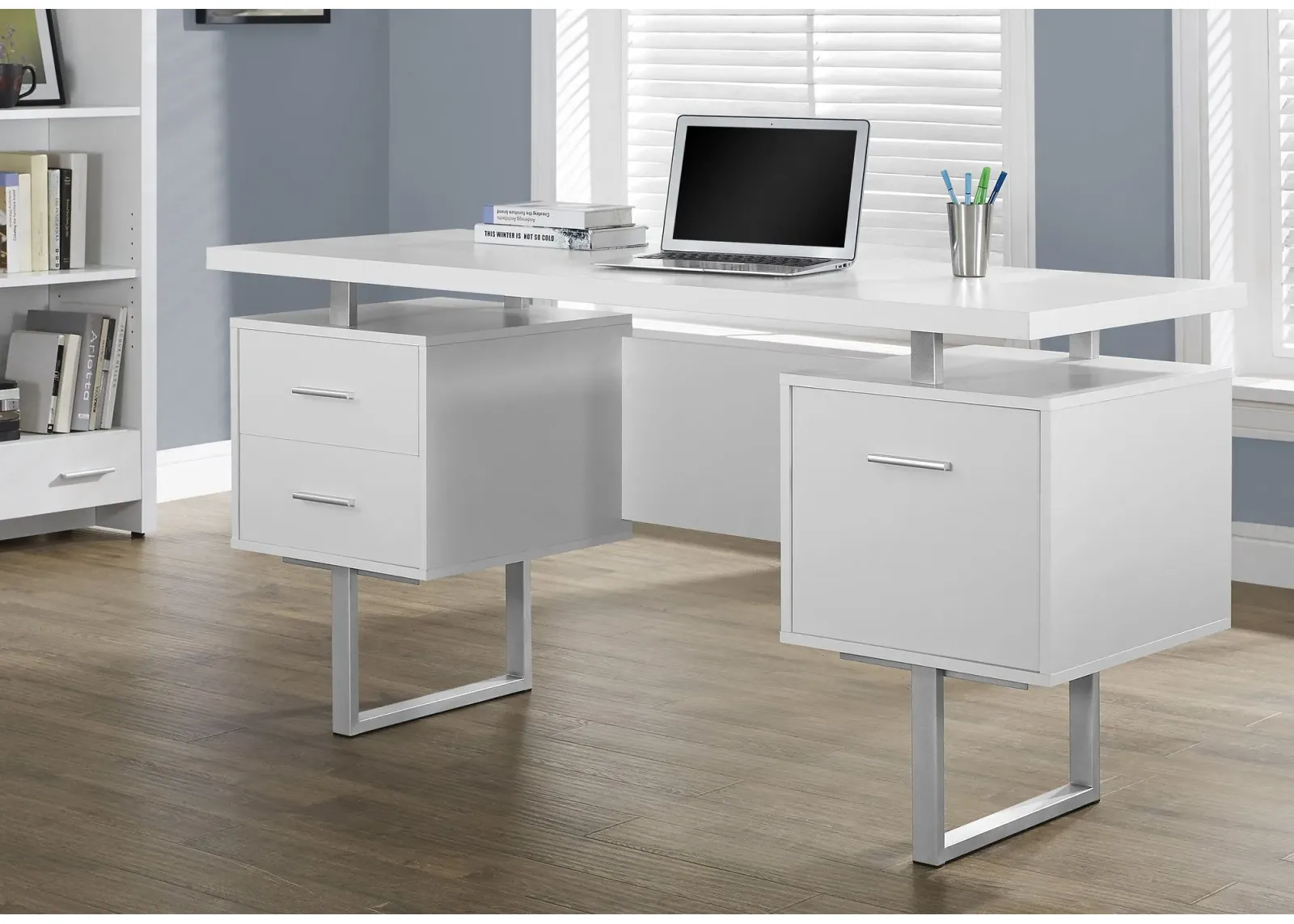 Computer Desk, Home Office, Laptop, Left, Right Set-Up, Storage Drawers, 60"L, Work, Metal, Laminate, White, Grey, Contemporary, Modern