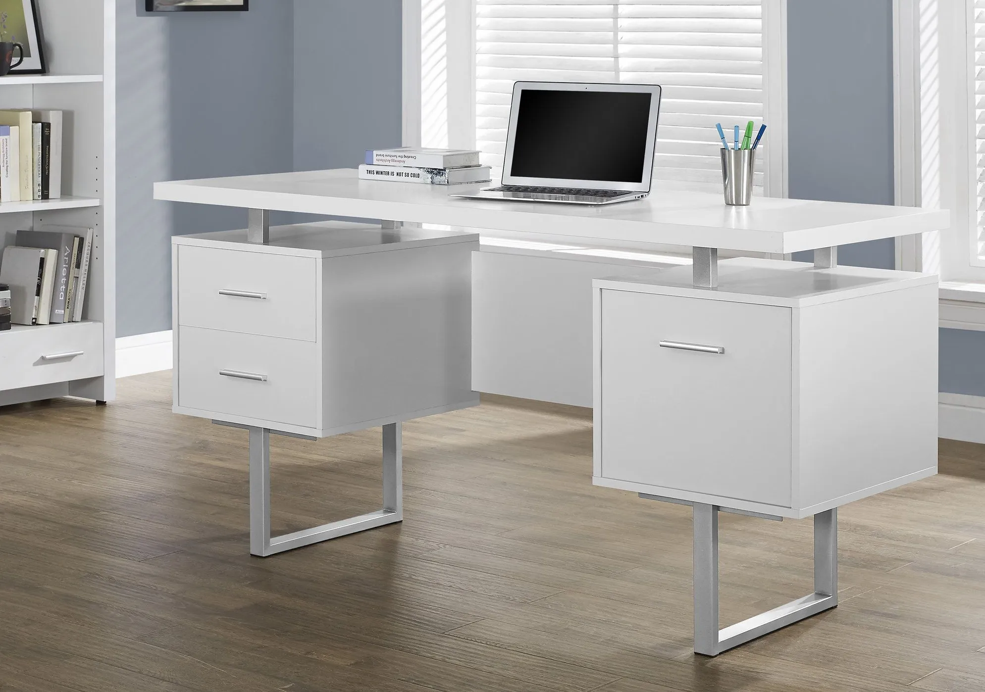 Computer Desk, Home Office, Laptop, Left, Right Set-Up, Storage Drawers, 60"L, Work, Metal, Laminate, White, Grey, Contemporary, Modern
