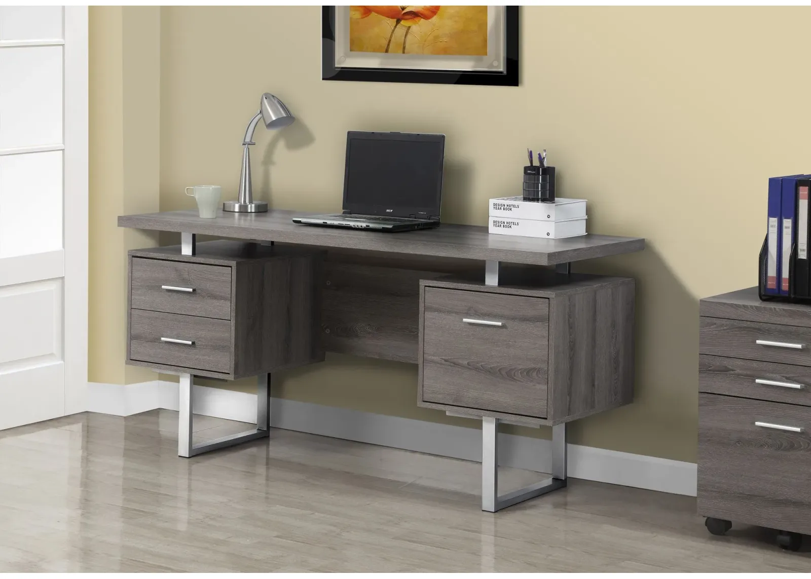 Computer Desk, Home Office, Laptop, Left, Right Set-Up, Storage Drawers, 60"L, Work, Metal, Laminate, Brown, Grey, Contemporary, Modern