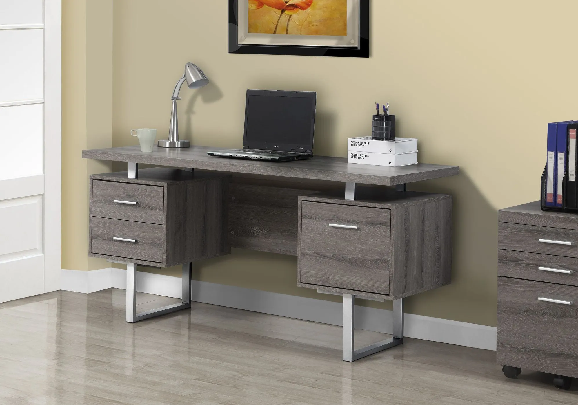 Computer Desk, Home Office, Laptop, Left, Right Set-Up, Storage Drawers, 60"L, Work, Metal, Laminate, Brown, Grey, Contemporary, Modern