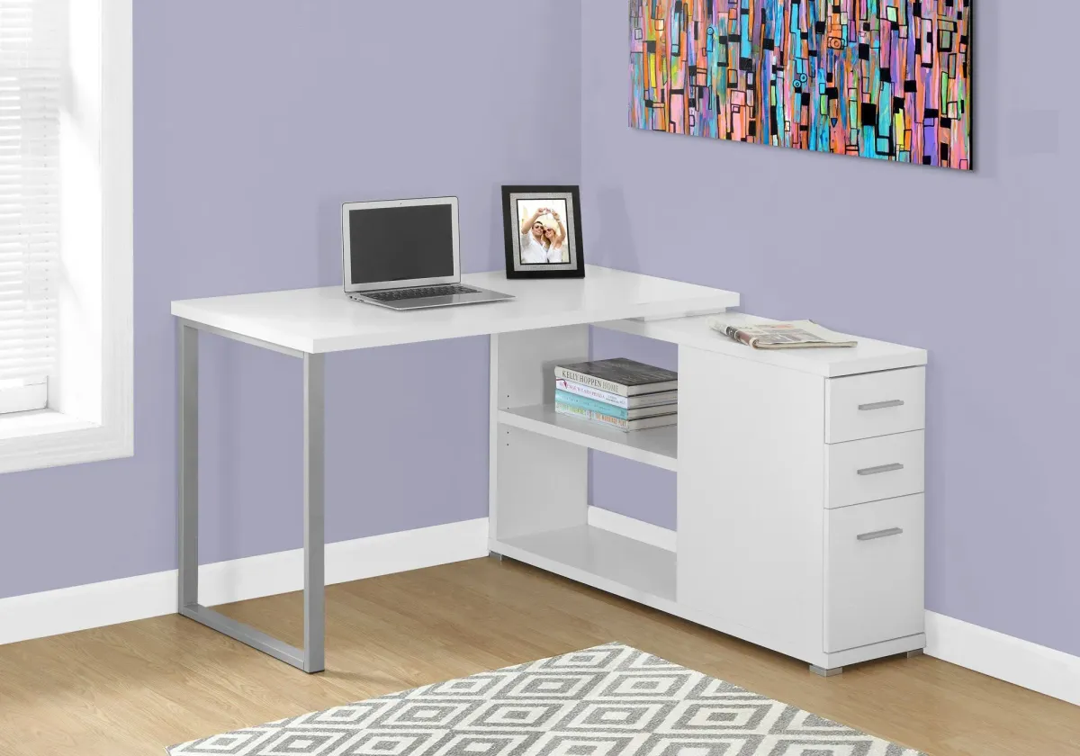 Computer Desk, Home Office, Corner, Left, Right Set-Up, Storage Drawers, L Shape, Work, Laptop, Metal, Laminate, White, Grey, Contemporary, Modern