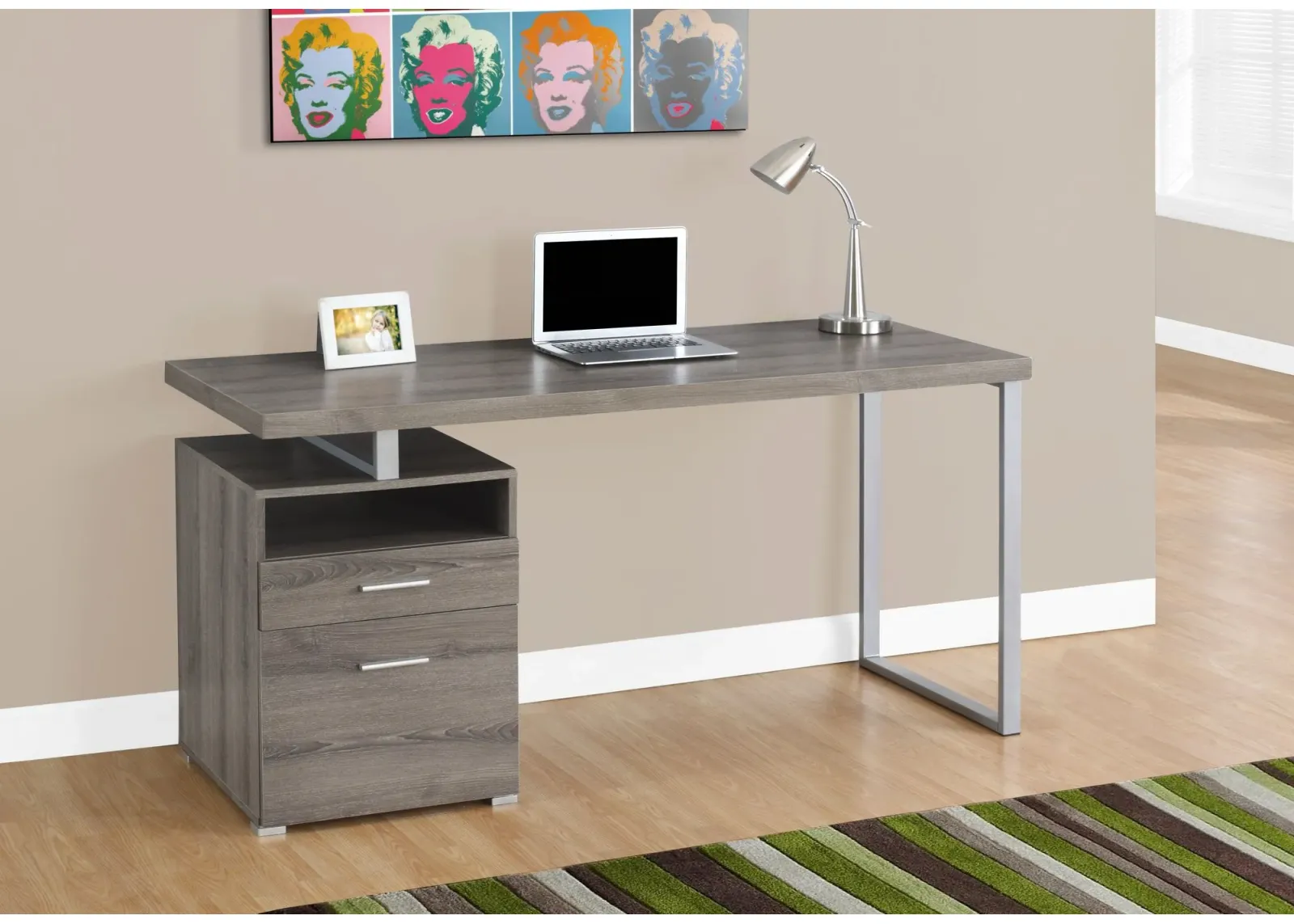 Computer Desk, Home Office, Laptop, Left, Right Set-Up, Storage Drawers, 60"L, Work, Metal, Laminate, Brown, Grey, Contemporary, Modern