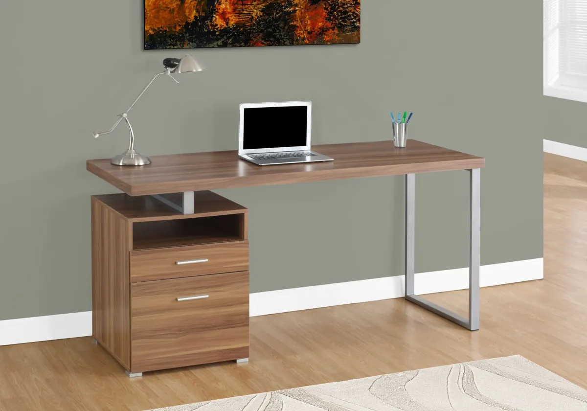 Computer Desk, Home Office, Laptop, Left, Right Set-Up, Storage Drawers, 60"L, Work, Metal, Laminate, Walnut, Grey, Contemporary, Modern