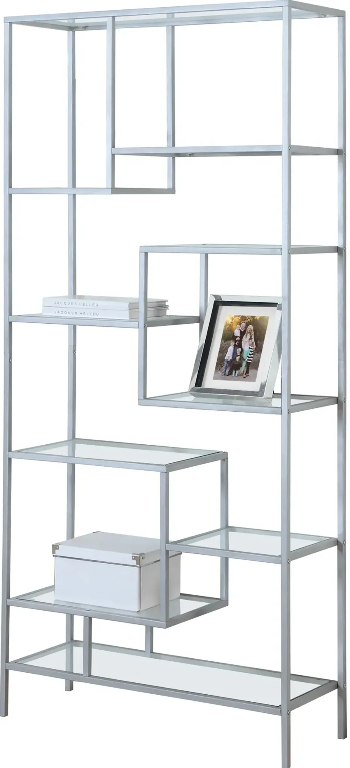 Bookshelf, Bookcase, Etagere, 72"H, Office, Bedroom, Metal, Tempered Glass, Grey, Clear, Contemporary, Modern