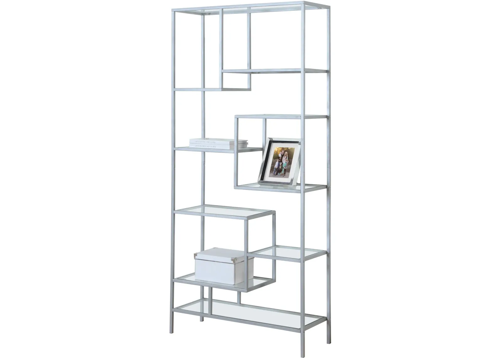 Bookshelf, Bookcase, Etagere, 72"H, Office, Bedroom, Metal, Tempered Glass, Grey, Clear, Contemporary, Modern