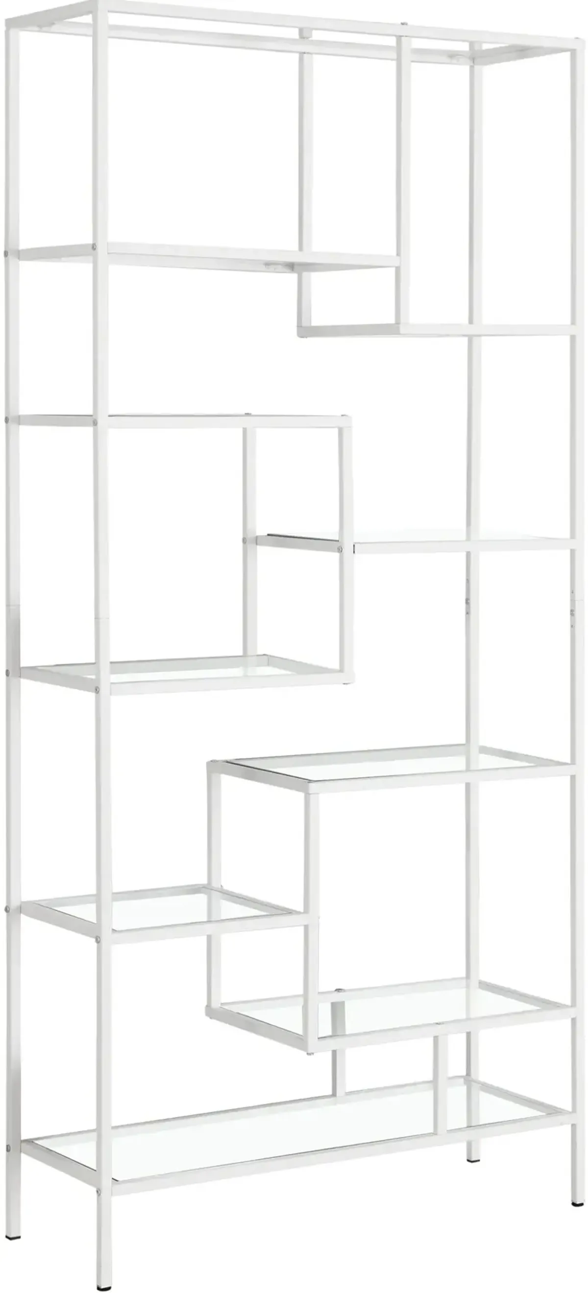 Bookshelf, Bookcase, Etagere, 72"H, Office, Bedroom, Metal, Tempered Glass, White, Clear, Contemporary, Modern