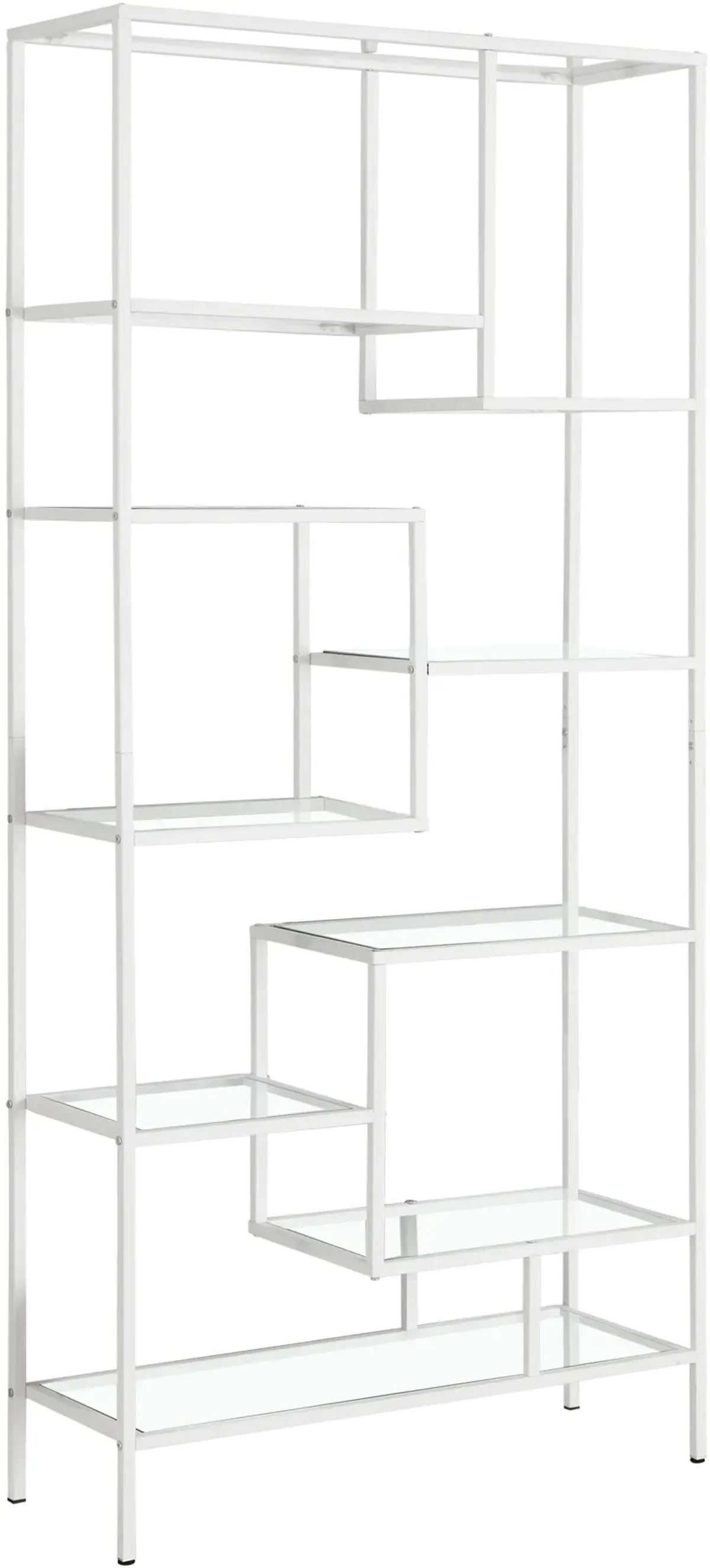 Bookshelf, Bookcase, Etagere, 72"H, Office, Bedroom, Metal, Tempered Glass, White, Clear, Contemporary, Modern