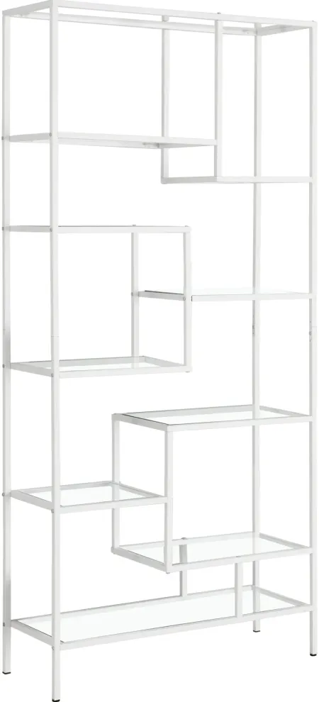 Bookshelf, Bookcase, Etagere, 72"H, Office, Bedroom, Metal, Tempered Glass, White, Clear, Contemporary, Modern