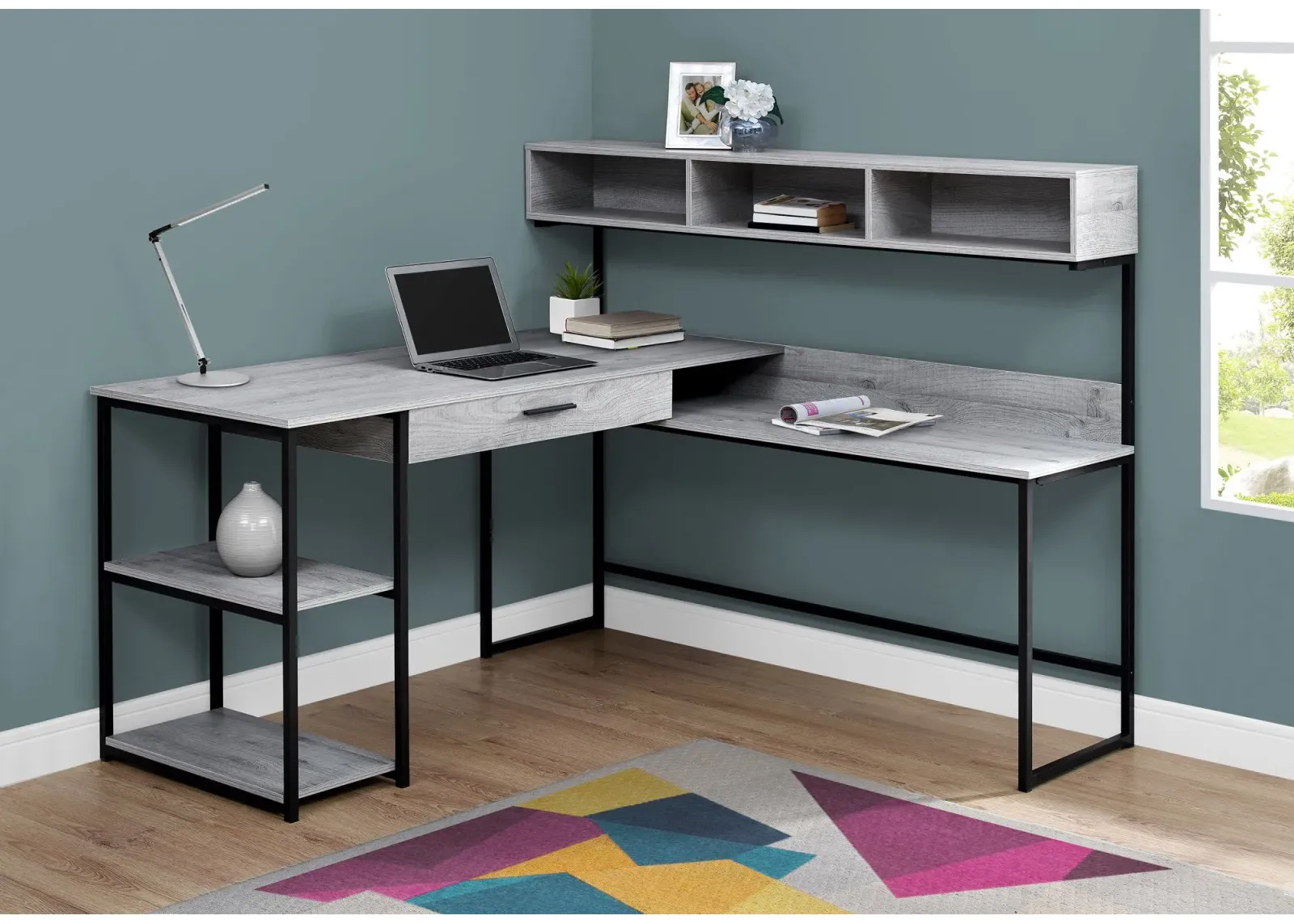 Computer Desk, Home Office, Corner, Storage Drawers, L Shape, Work, Laptop, Metal, Laminate, Grey, Black, Contemporary, Modern