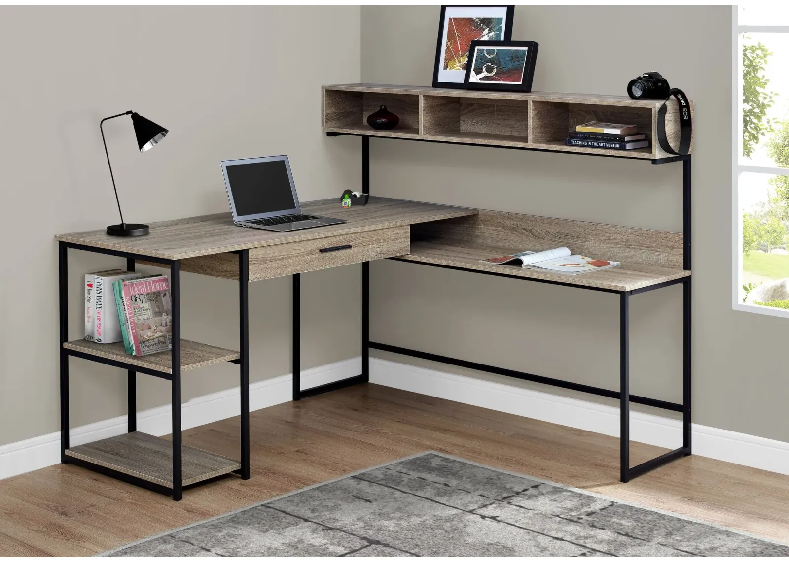 Computer Desk, Home Office, Corner, Storage Drawers, L Shape, Work, Laptop, Metal, Laminate, Brown, Black, Contemporary, Modern