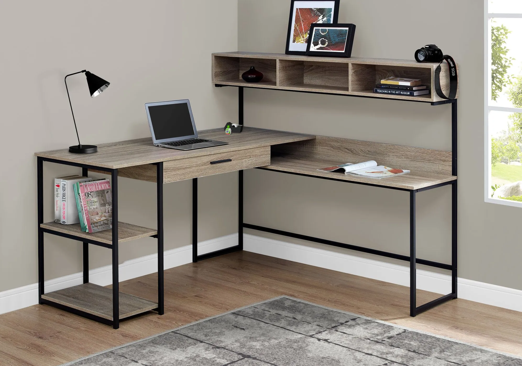 Computer Desk, Home Office, Corner, Storage Drawers, L Shape, Work, Laptop, Metal, Laminate, Brown, Black, Contemporary, Modern