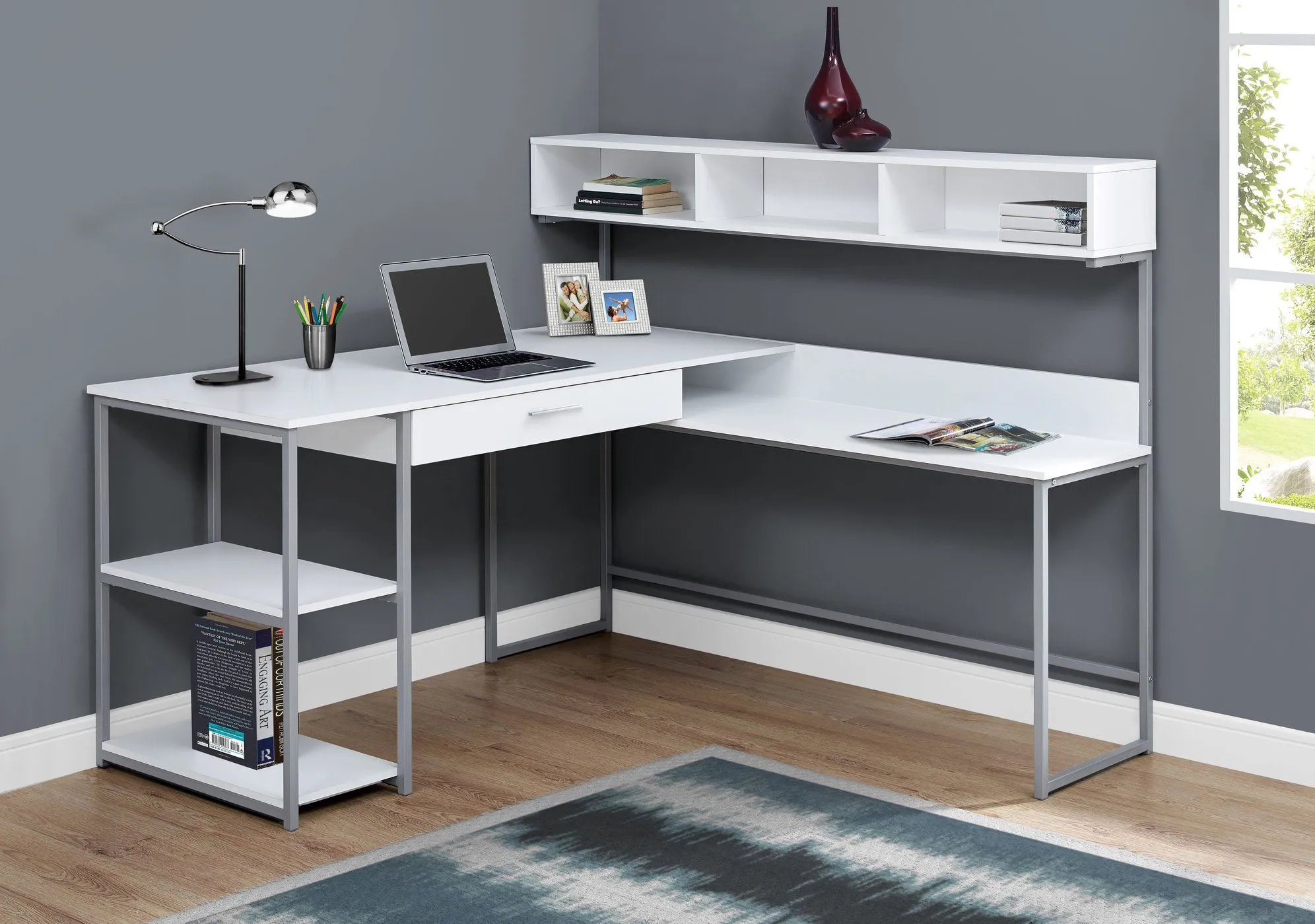 Computer Desk, Home Office, Corner, Storage Drawers, L Shape, Work, Laptop, Metal, Laminate, White, Grey, Contemporary, Modern