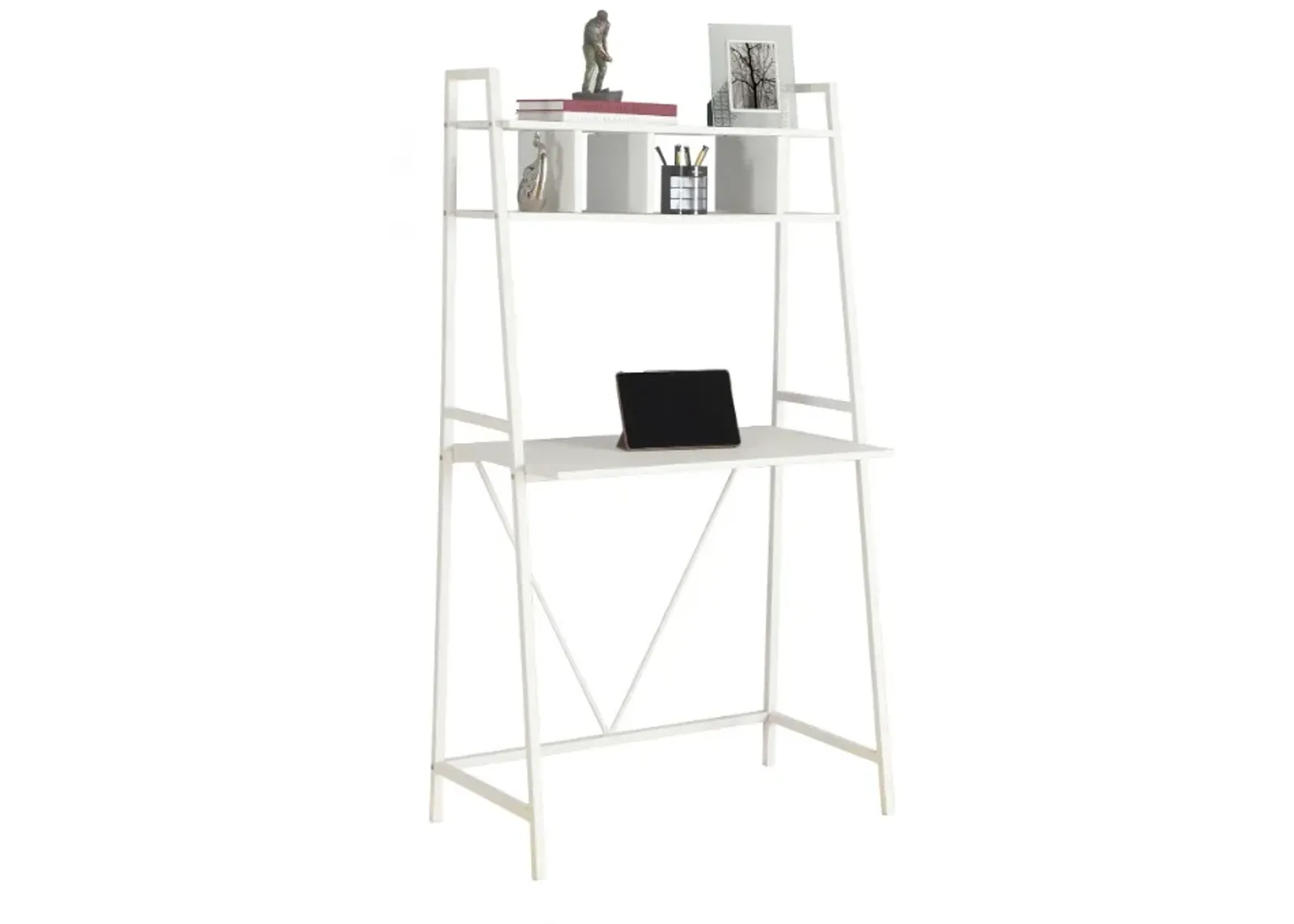 Computer Desk, Home Office, Laptop, Leaning, Storage Shelves, Work, Metal, Laminate, White, Contemporary, Modern