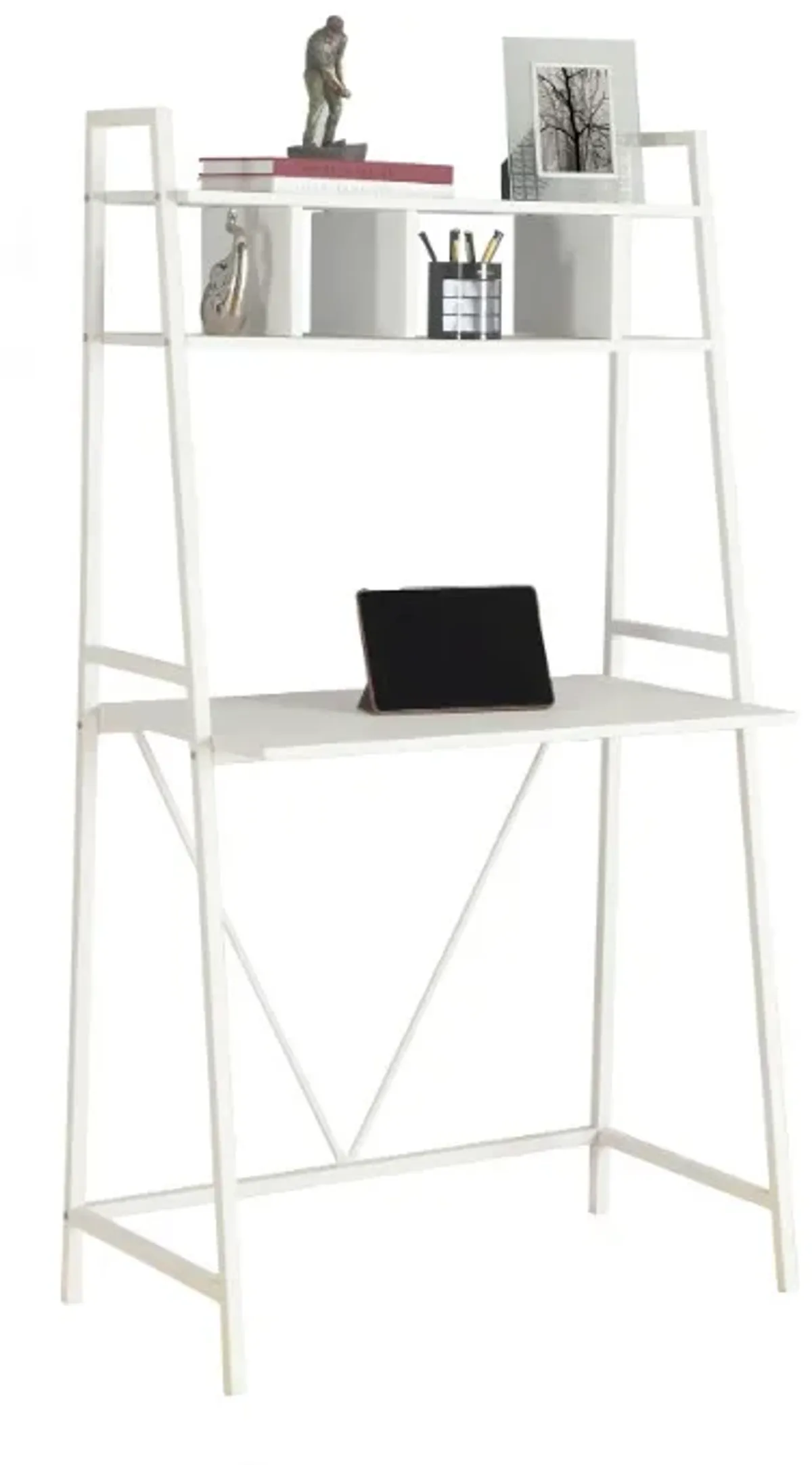 Computer Desk, Home Office, Laptop, Leaning, Storage Shelves, Work, Metal, Laminate, White, Contemporary, Modern