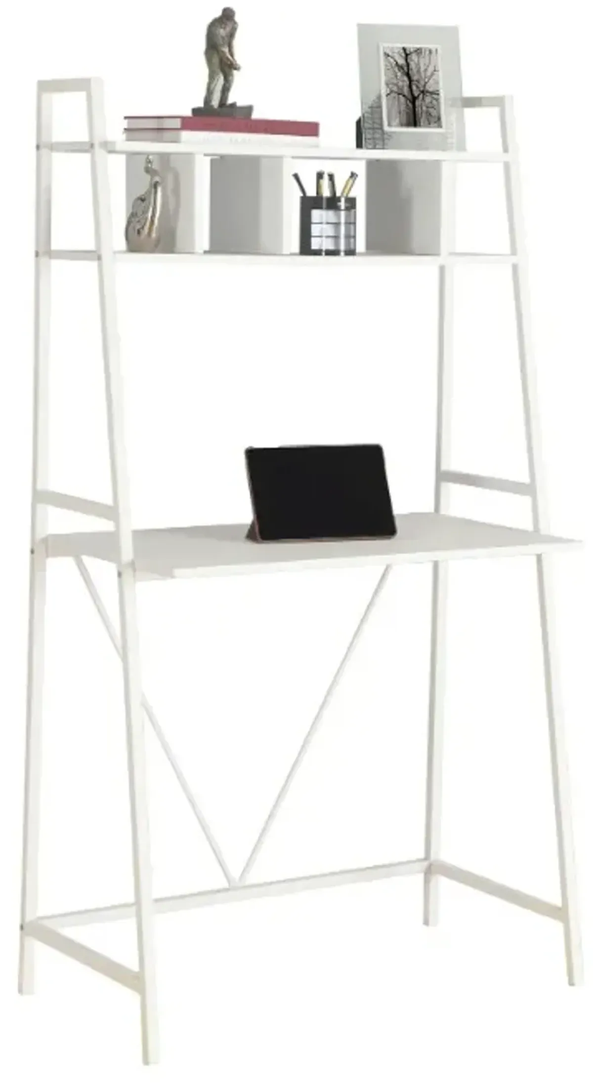 Computer Desk, Home Office, Laptop, Leaning, Storage Shelves, Work, Metal, Laminate, White, Contemporary, Modern