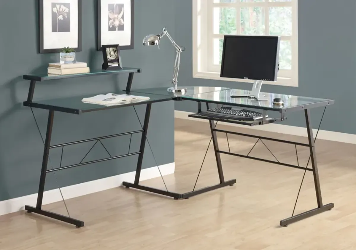 Computer Desk, Home Office, Corner, L Shape, Work, Laptop, Metal, Tempered Glass, Black, Clear, Contemporary, Modern