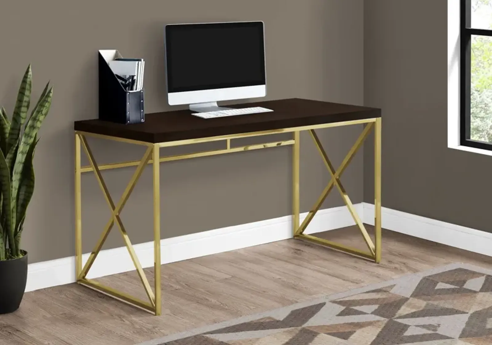 Computer Desk, Home Office, Laptop, Work, Metal, Laminate, Brown, Gold, Contemporary, Modern