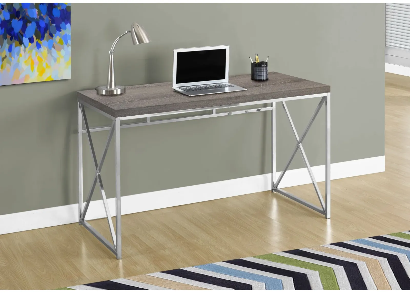 Computer Desk, Home Office, Laptop, Work, Metal, Laminate, Brown, Chrome, Contemporary, Modern