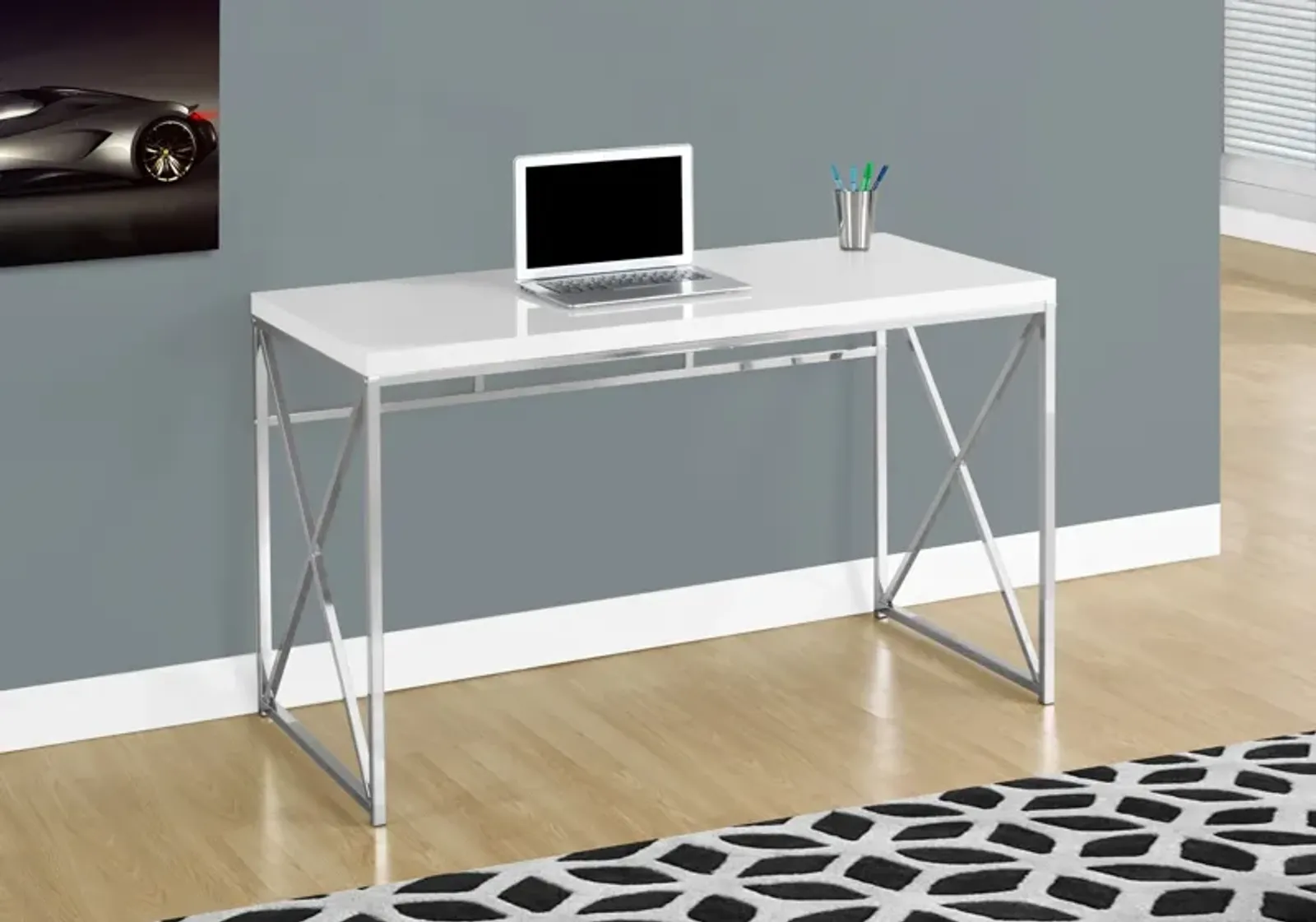 Computer Desk, Home Office, Laptop, Work, Metal, Laminate, Glossy White, Chrome, Contemporary, Modern