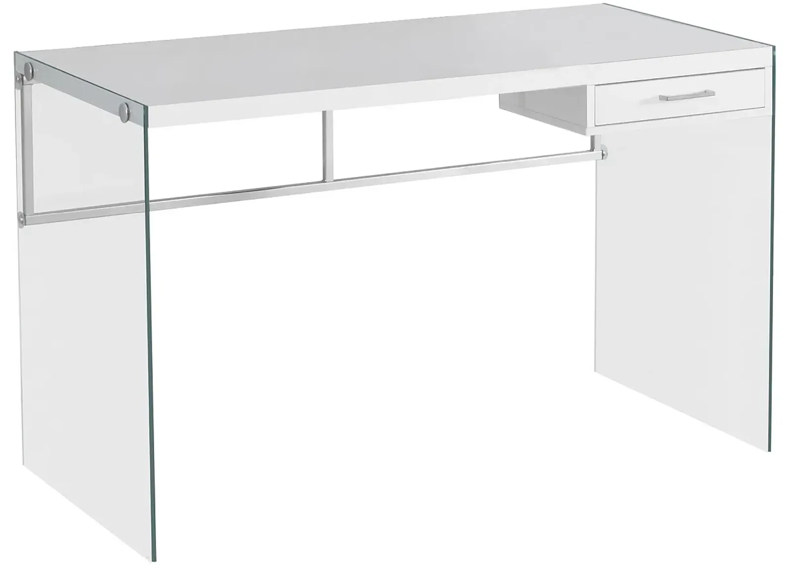 Computer Desk, Home Office, Laptop, Storage Drawers, 48"L, Work, Tempered Glass, Laminate, Glossy White, Clear, Contemporary, Modern