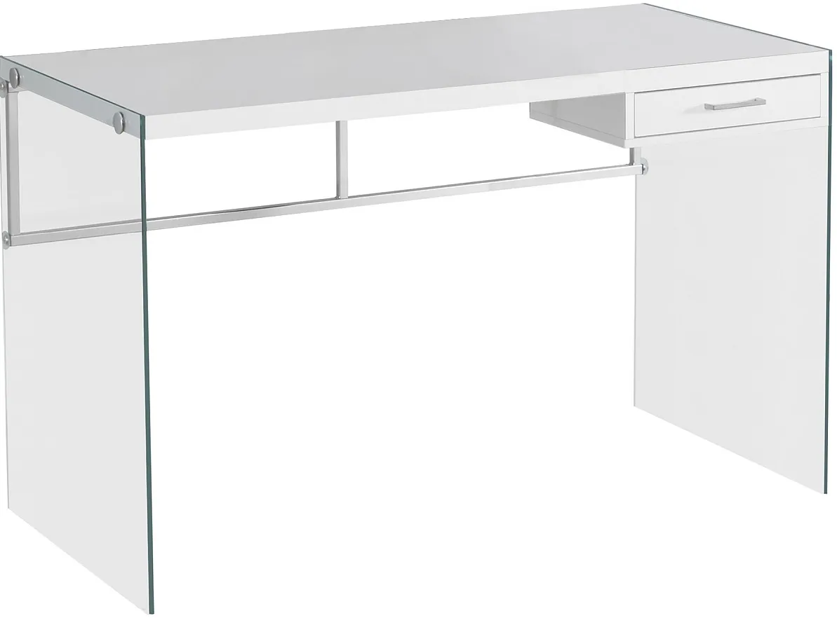 Computer Desk, Home Office, Laptop, Storage Drawers, 48"L, Work, Tempered Glass, Laminate, Glossy White, Clear, Contemporary, Modern