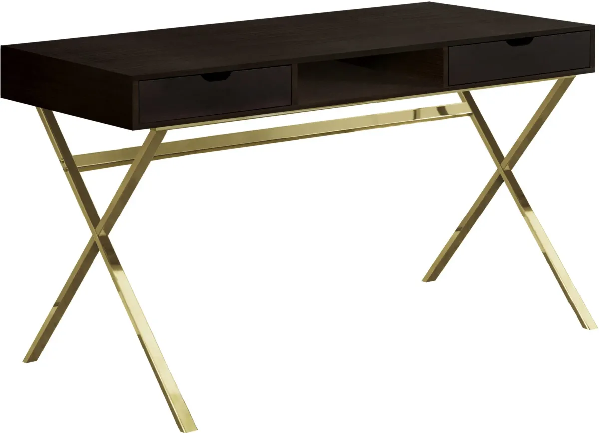 Computer Desk, Home Office, Laptop, Storage Drawers, 48"L, Work, Metal, Laminate, Brown, Gold, Contemporary, Modern