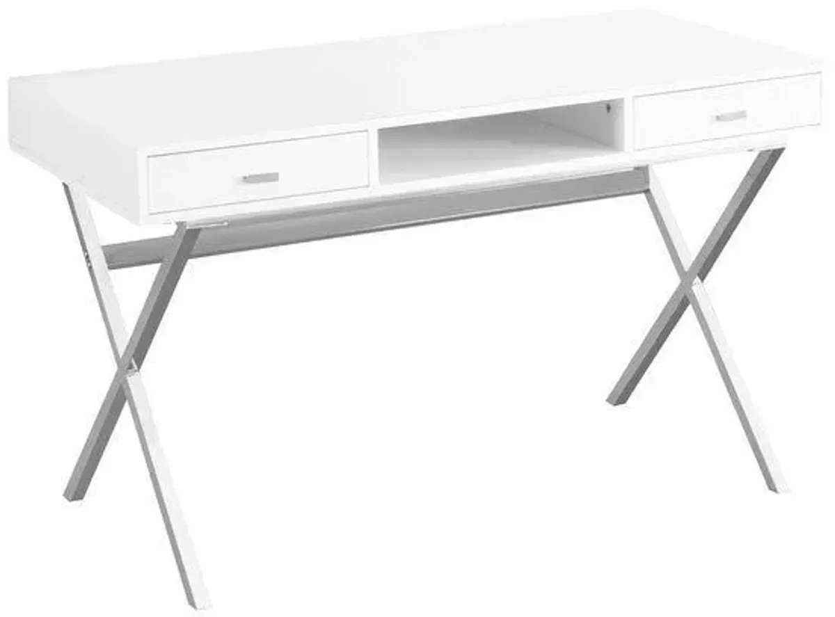 Computer Desk, Home Office, Laptop, Storage Drawers, 48"L, Work, Metal, Laminate, Glossy White, Chrome, Contemporary, Modern