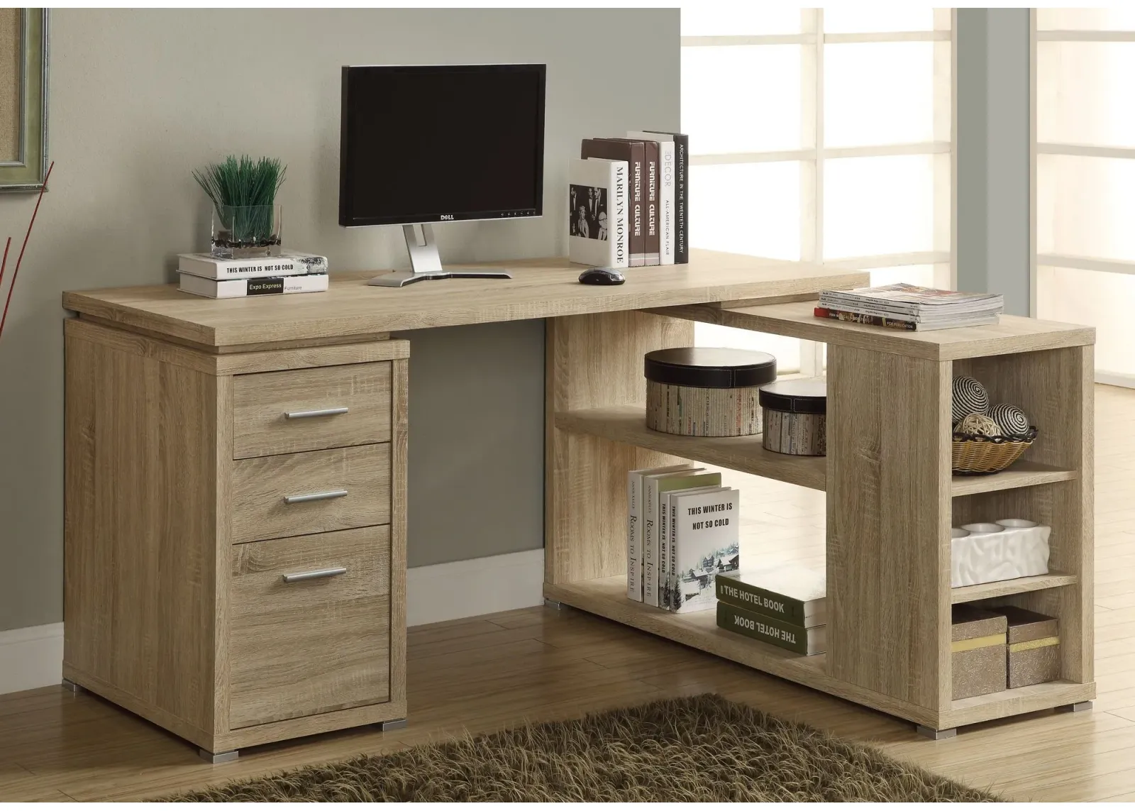 Computer Desk, Home Office, Corner, Left, Right Set-Up, Storage Drawers, L Shape, Work, Laptop, Laminate, Natural, Contemporary, Modern