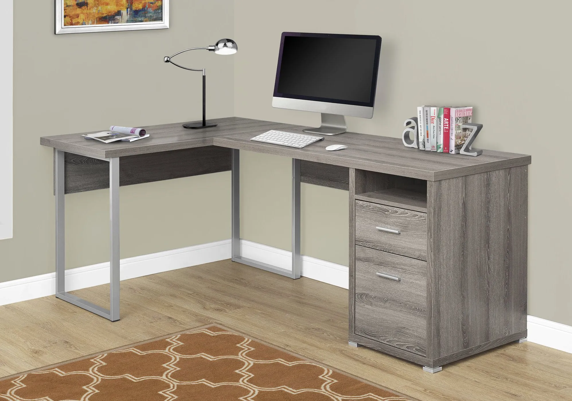 Computer Desk, Home Office, Corner, Left, Right Set-Up, Storage Drawers, 80"L, L Shape, Work, Laptop, Metal, Laminate, Brown, Grey, Contemporary, Modern