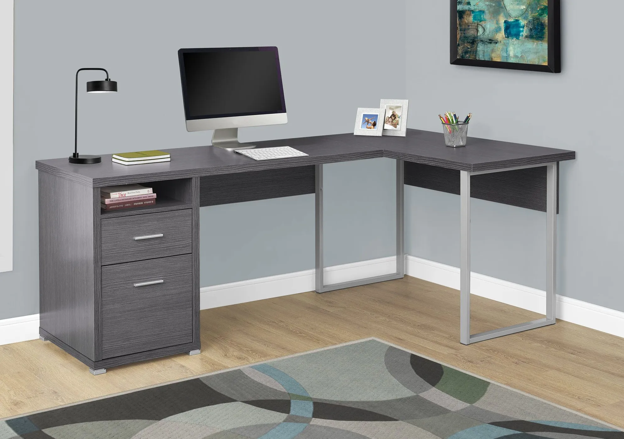 Computer Desk, Home Office, Corner, Left, Right Set-Up, Storage Drawers, 80"L, L Shape, Work, Laptop, Metal, Laminate, Grey, Contemporary, Modern