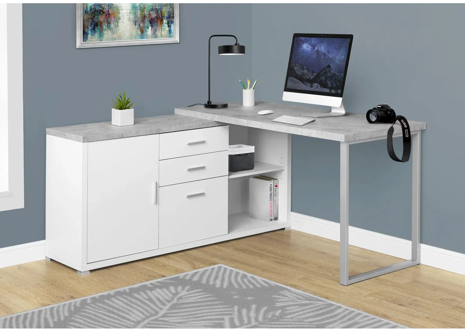 Computer Desk, Home Office, Corner, Left, Right Set-Up, Storage Drawers, 60"L, L Shape, Work, Laptop, Metal, Laminate, Grey, White, Contemporary, Modern