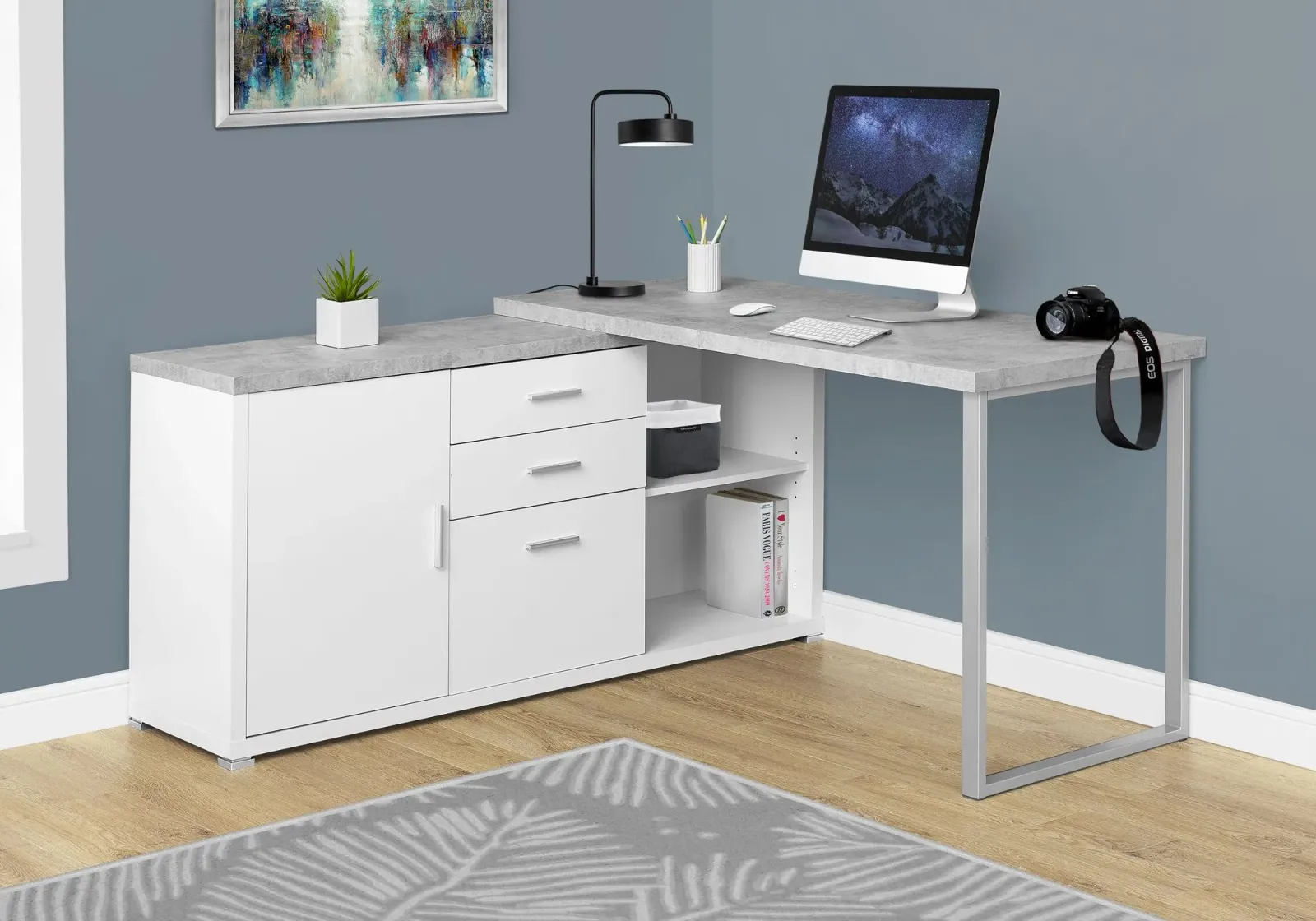 Computer Desk, Home Office, Corner, Left, Right Set-Up, Storage Drawers, 60"L, L Shape, Work, Laptop, Metal, Laminate, Grey, White, Contemporary, Modern