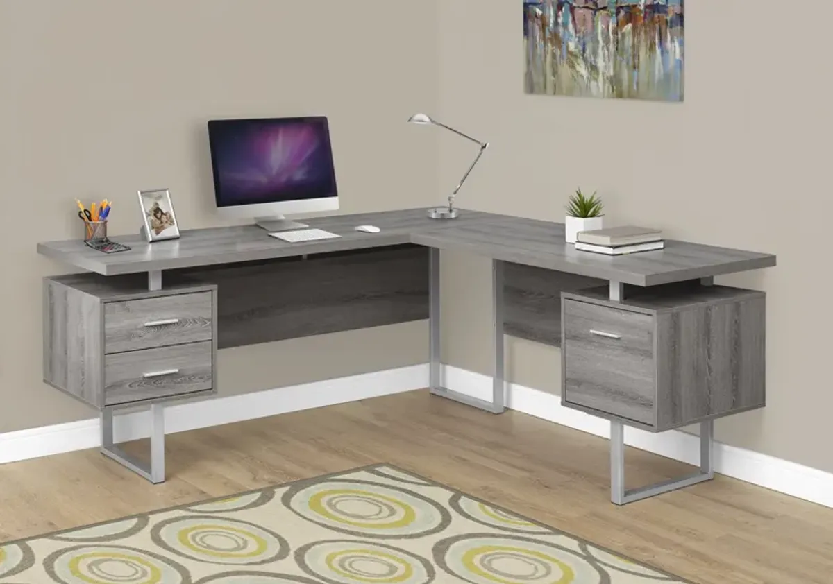 Computer Desk, Home Office, Corner, Left, Right Set-Up, Storage Drawers, 70"L, L Shape, Work, Laptop, Metal, Laminate, Brown, Grey, Contemporary, Modern