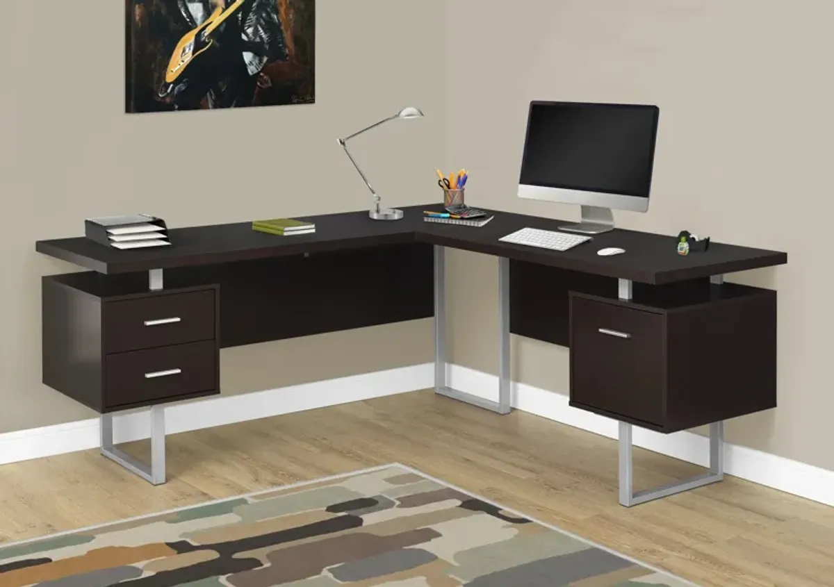 Computer Desk, Home Office, Corner, Left, Right Set-Up, Storage Drawers, 70"L, L Shape, Work, Laptop, Metal, Laminate, Brown, Grey, Contemporary, Modern