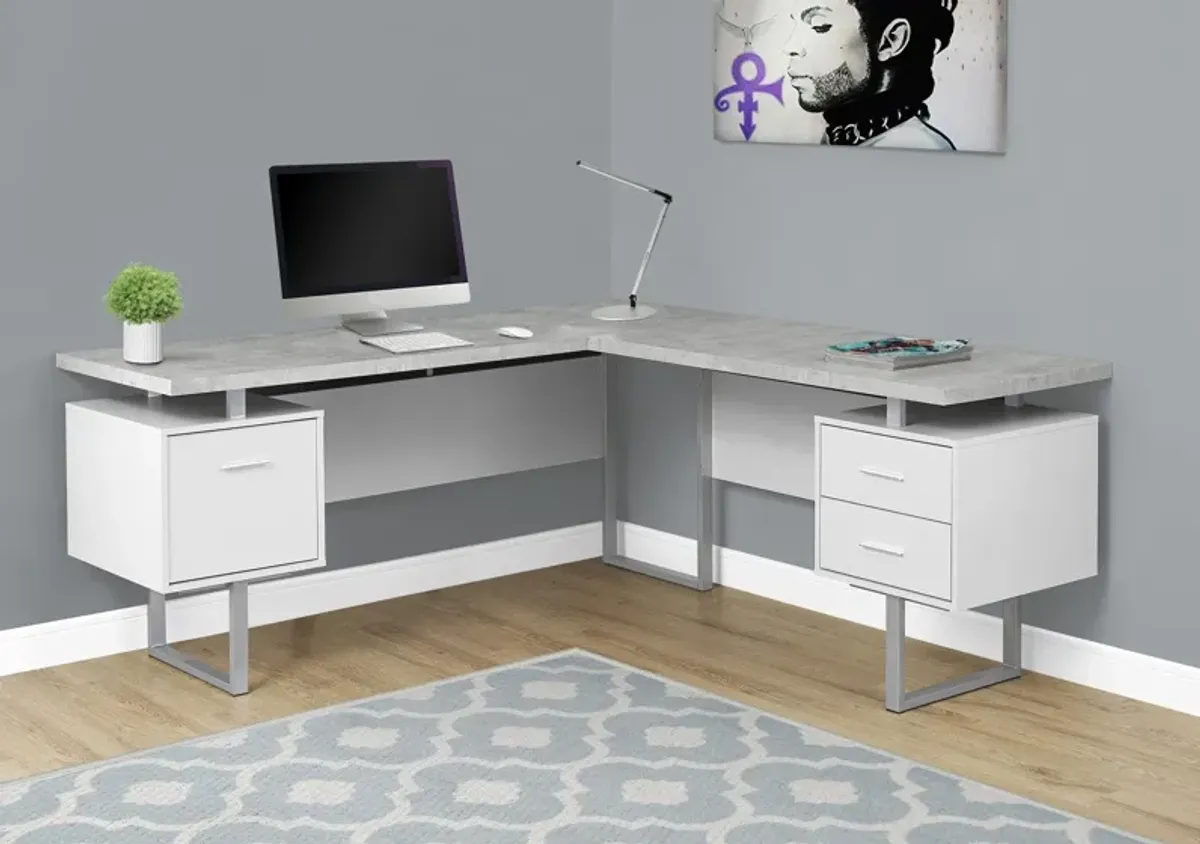 Computer Desk, Home Office, Corner, Left, Right Set-Up, Storage Drawers, 70"L, L Shape, Work, Laptop, Metal, Laminate, Grey, White, Contemporary, Modern