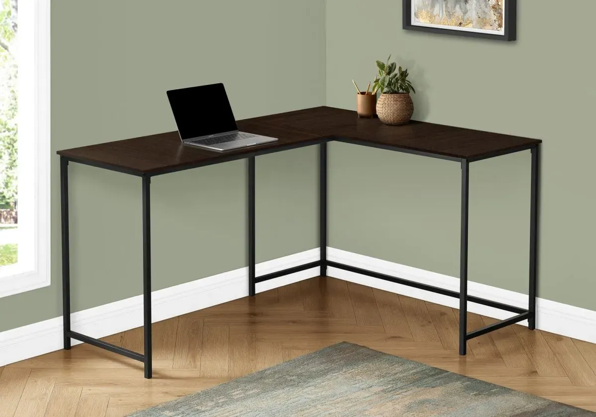 Computer Desk, Home Office, Corner, 58"L, L Shape, Work, Laptop, Metal, Laminate, Brown, Black, Contemporary, Modern